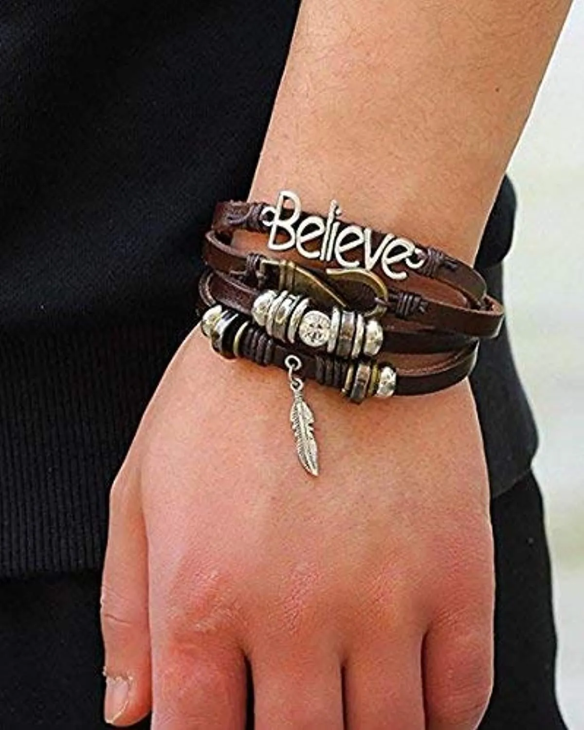 Electomania Multilayer Beads Leaf Charm Unisex Gift Leather Bracelet for Boys Mens (Brown)
