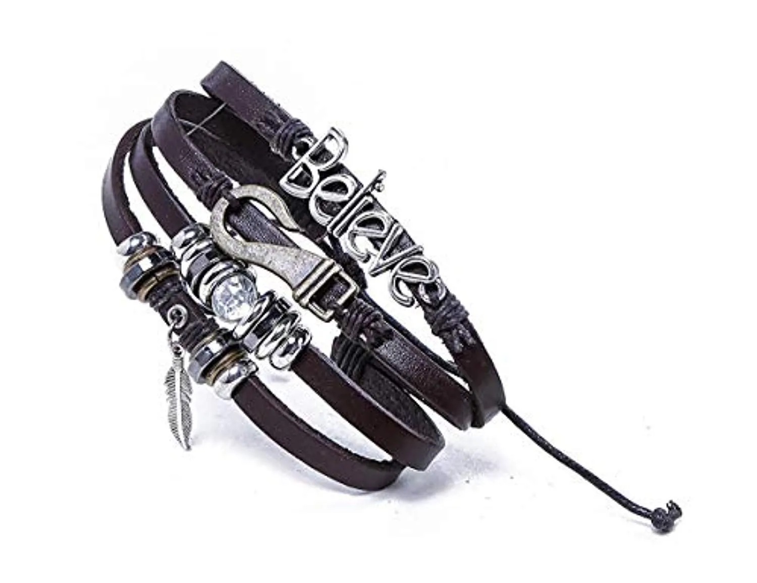 Electomania Multilayer Beads Leaf Charm Unisex Gift Leather Bracelet for Boys Mens (Brown)