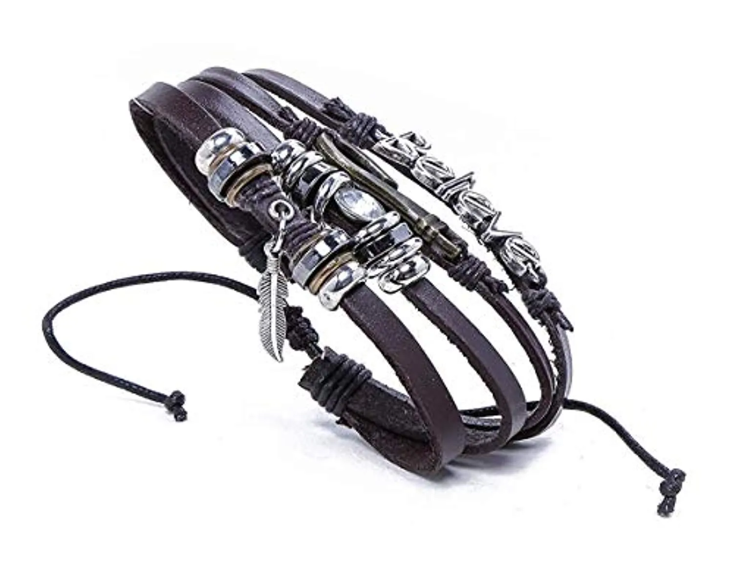Electomania Multilayer Beads Leaf Charm Unisex Gift Leather Bracelet for Boys Mens (Brown)