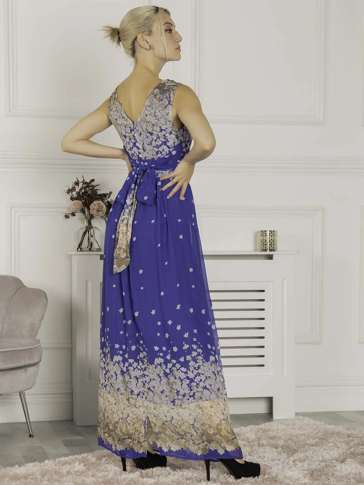 Feather Belted Maxi Dress, Blue Floral