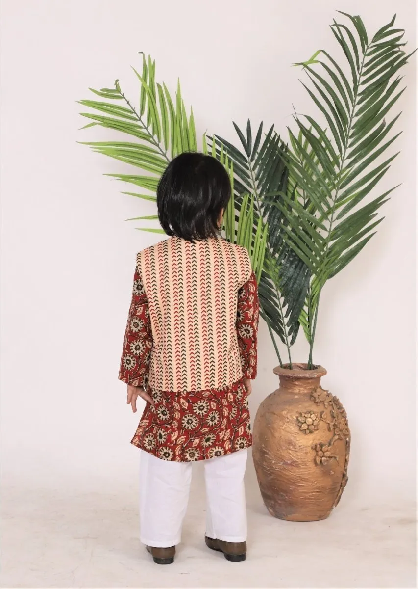 Festive Carmine Red Jacket, Kurta, and Pajama Set