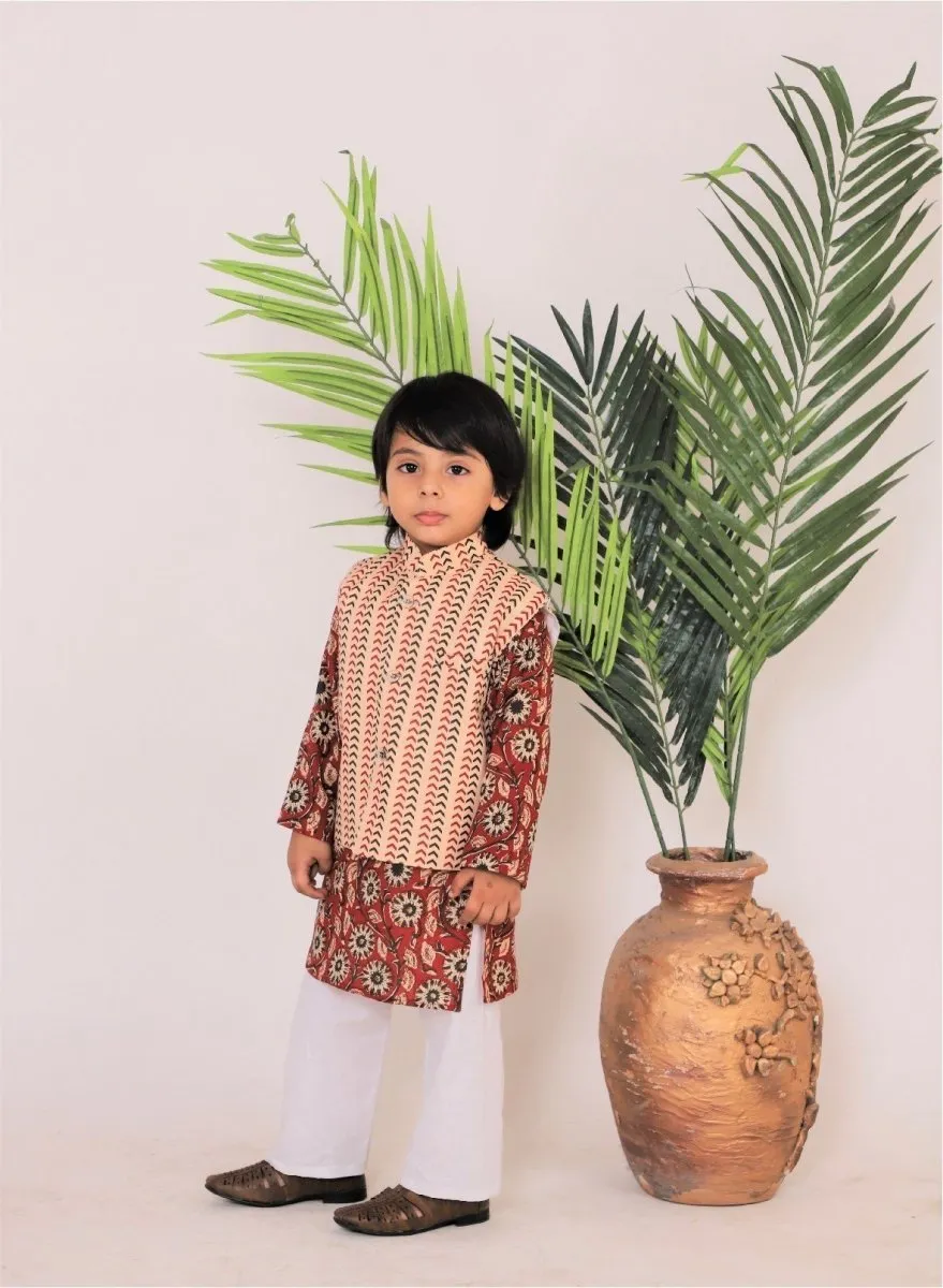 Festive Carmine Red Jacket, Kurta, and Pajama Set