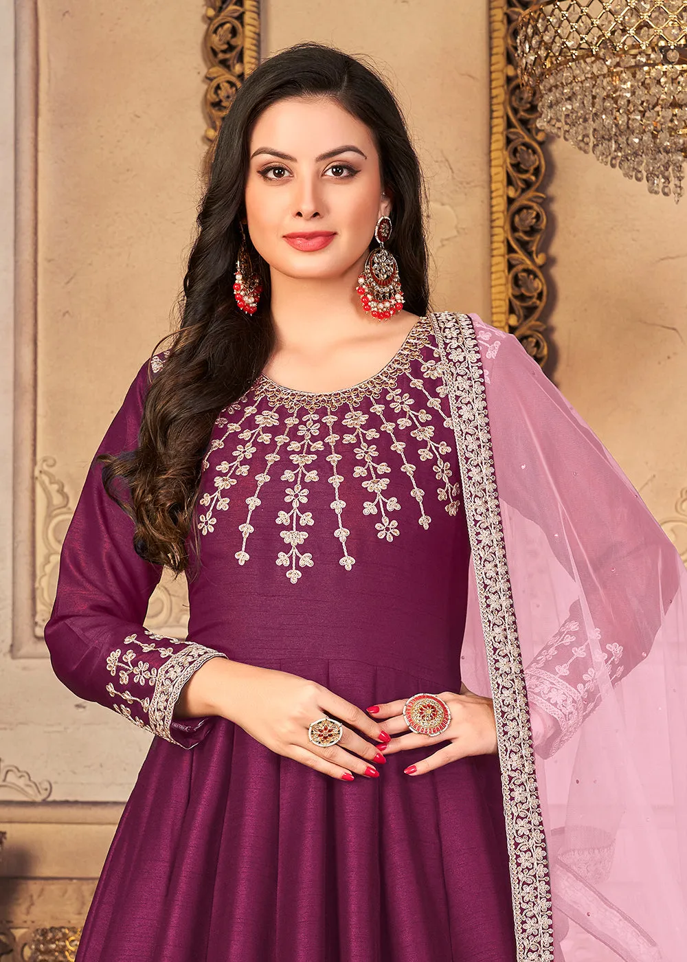 Festive Charming Purple Embroidered Silk Anarkali Suit