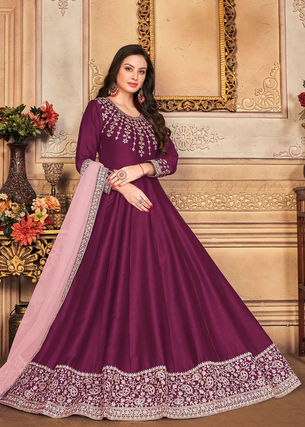 Festive Charming Purple Embroidered Silk Anarkali Suit