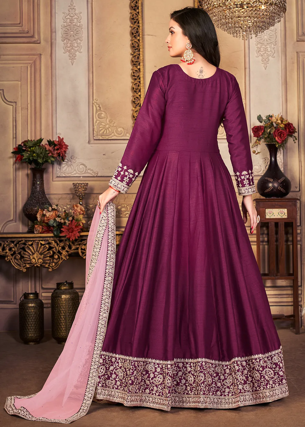 Festive Charming Purple Embroidered Silk Anarkali Suit