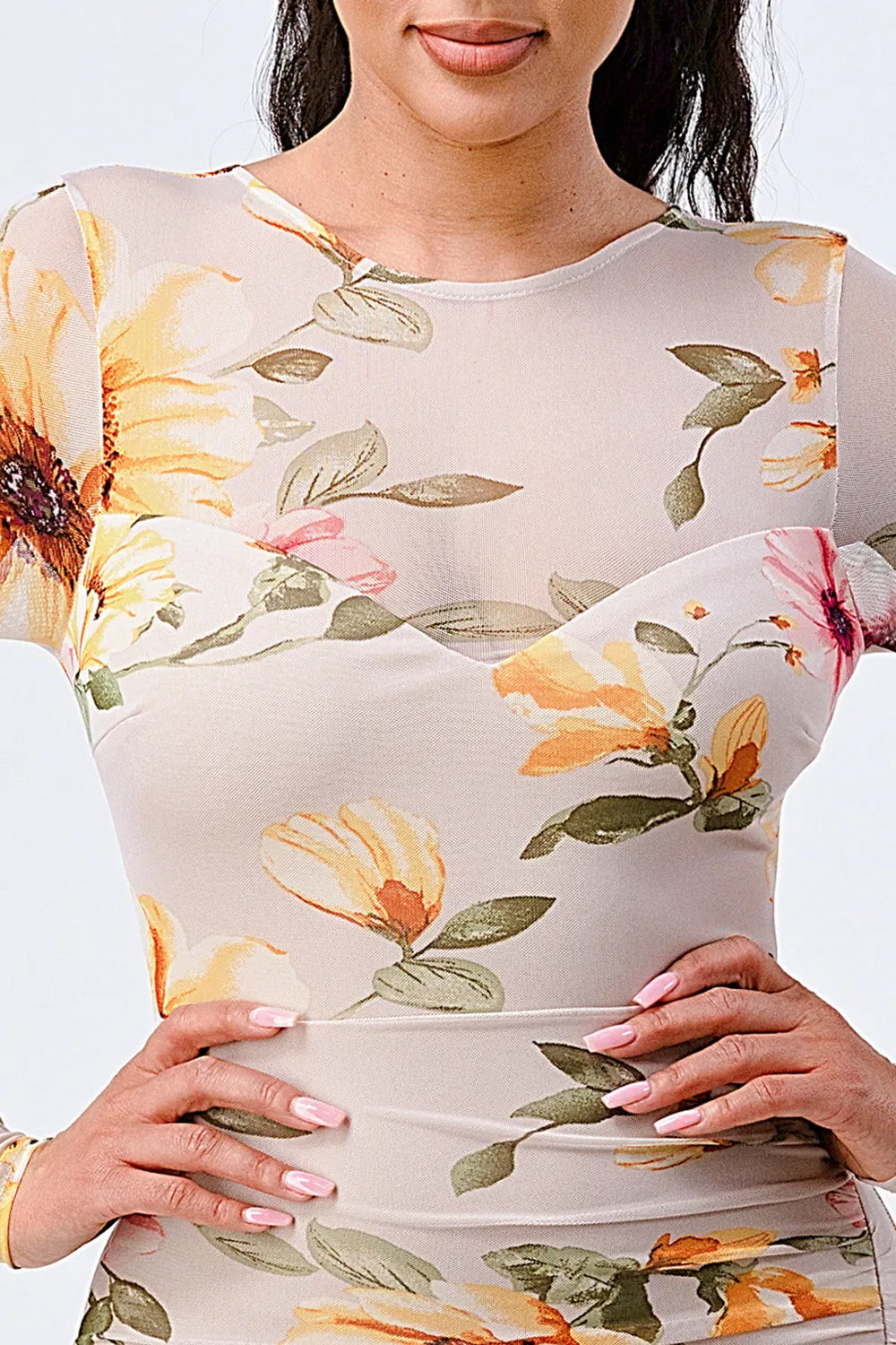 FLORAL MESH MULTI FABRIC BODYCON MINI DRESS