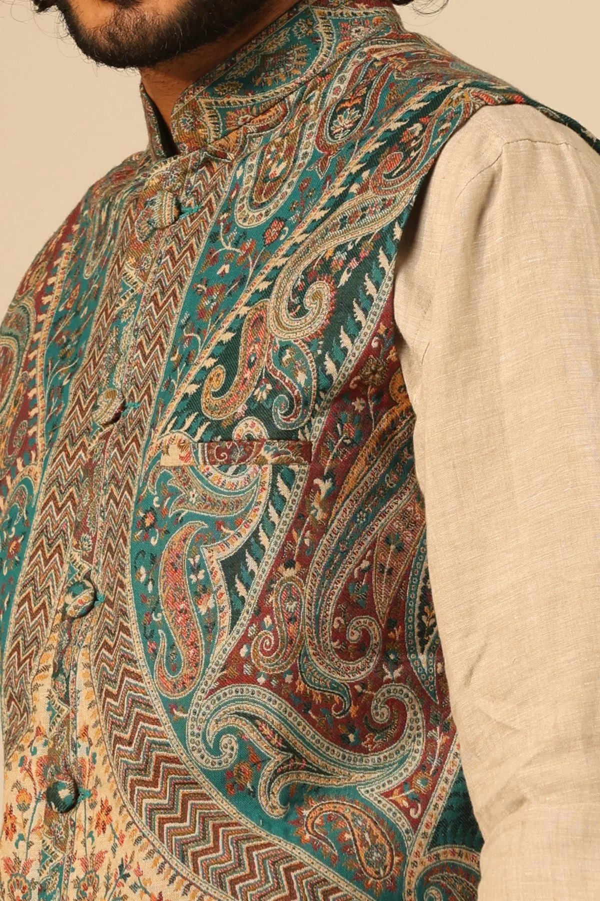 Green Fine Wool Silk Waist Coat for Men | Made To Order