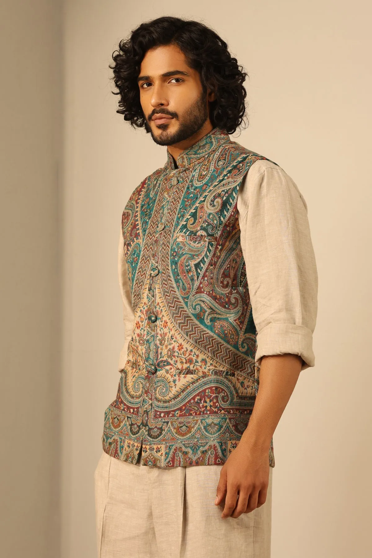 Green Fine Wool Silk Waist Coat for Men | Made To Order