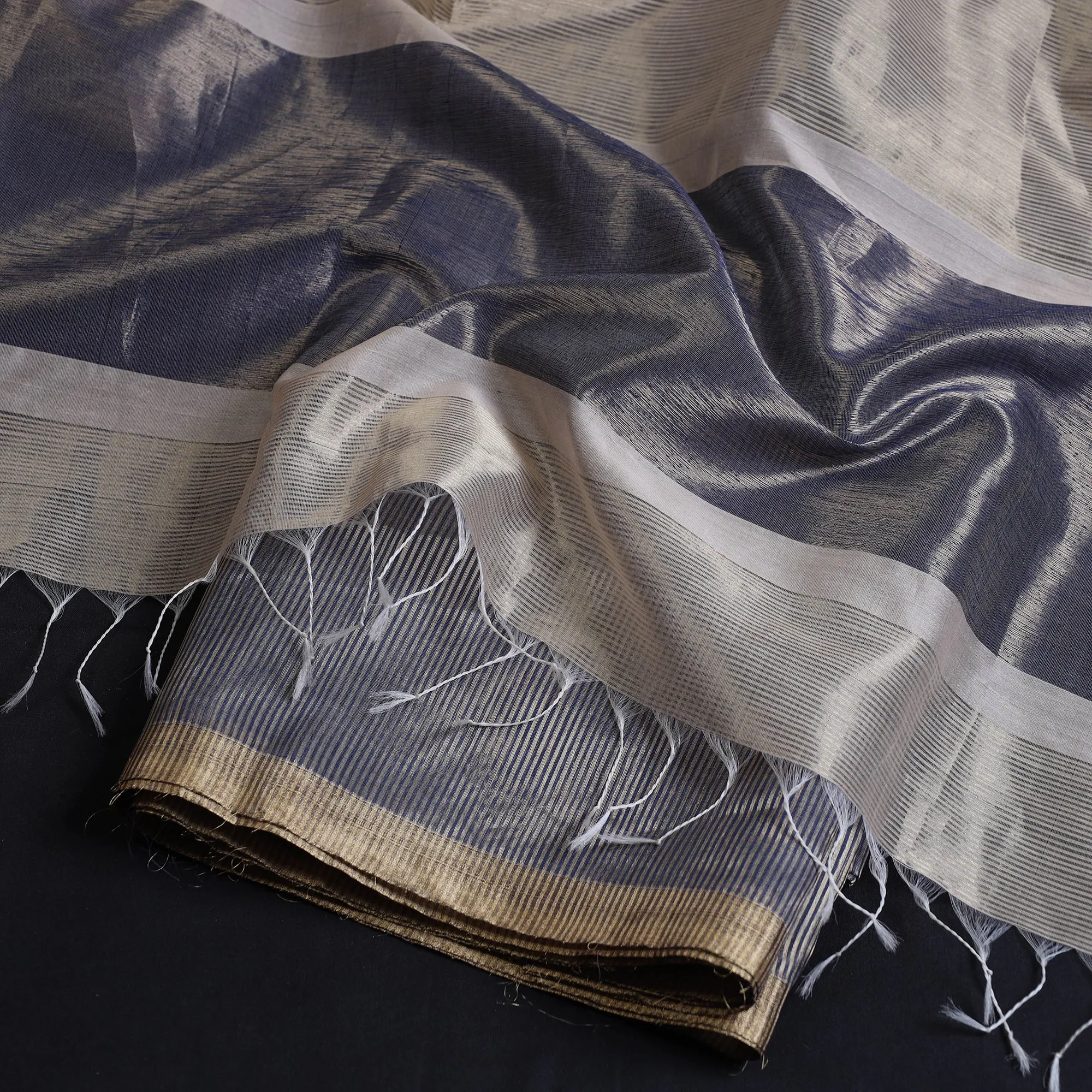 Grey - 2pc Maheshwari Silk Handloom Tissue Zari Stripes Suit Material Set
