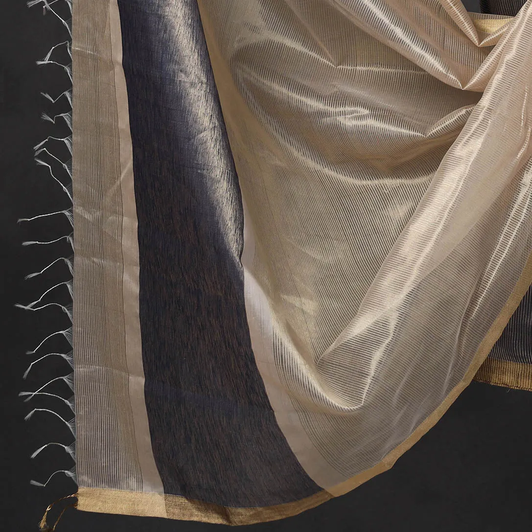 Grey - 2pc Maheshwari Silk Handloom Tissue Zari Stripes Suit Material Set
