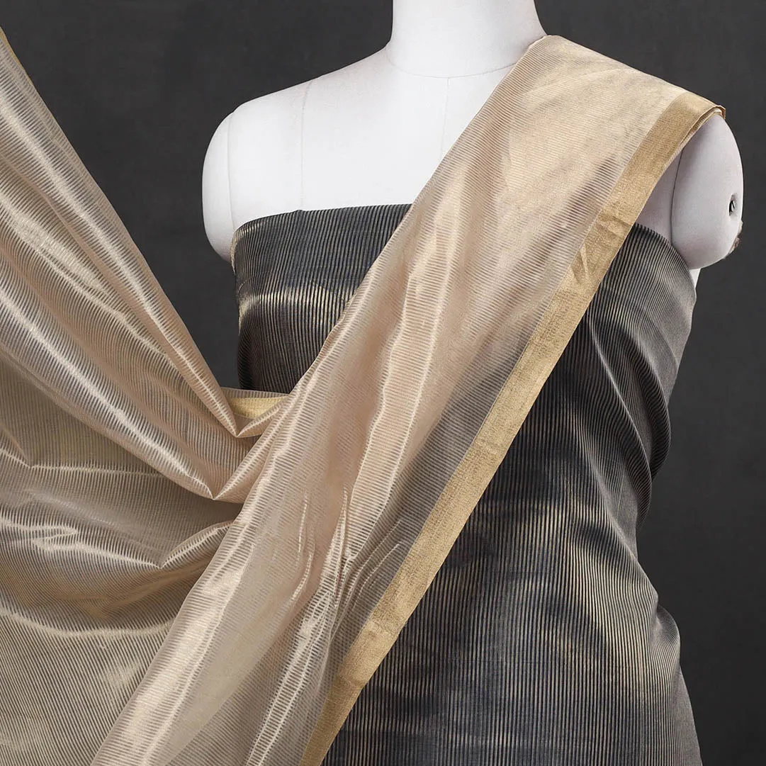 Grey - 2pc Maheshwari Silk Handloom Tissue Zari Stripes Suit Material Set