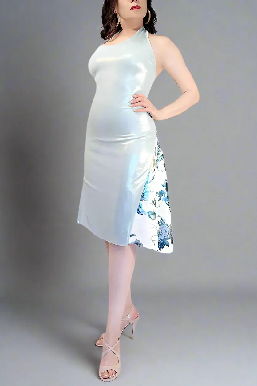 ice blue and flowers halter tango dress with tail