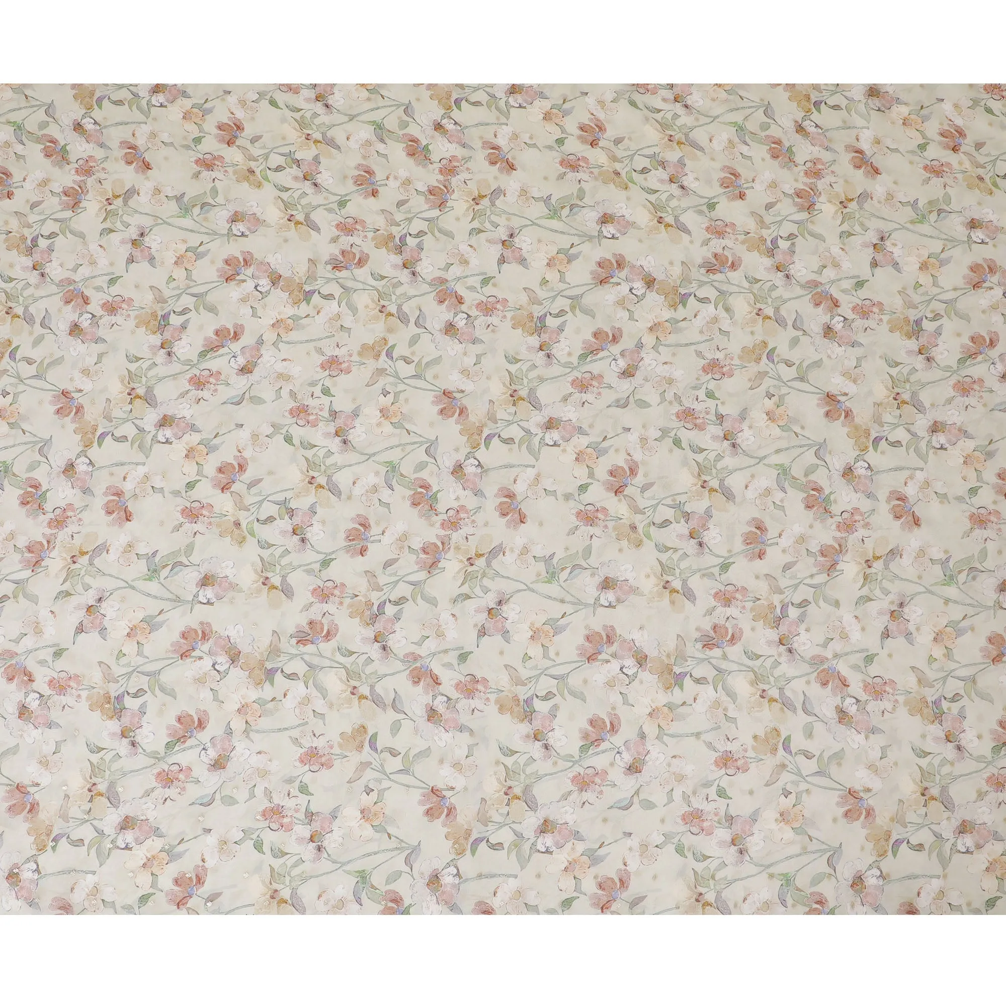 Ivory and Peach Floral Synthetic Organza Fabric - 110 cm Width, Made in India-D19654