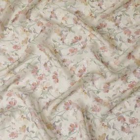 Ivory and Peach Floral Synthetic Organza Fabric - 110 cm Width, Made in India-D19654