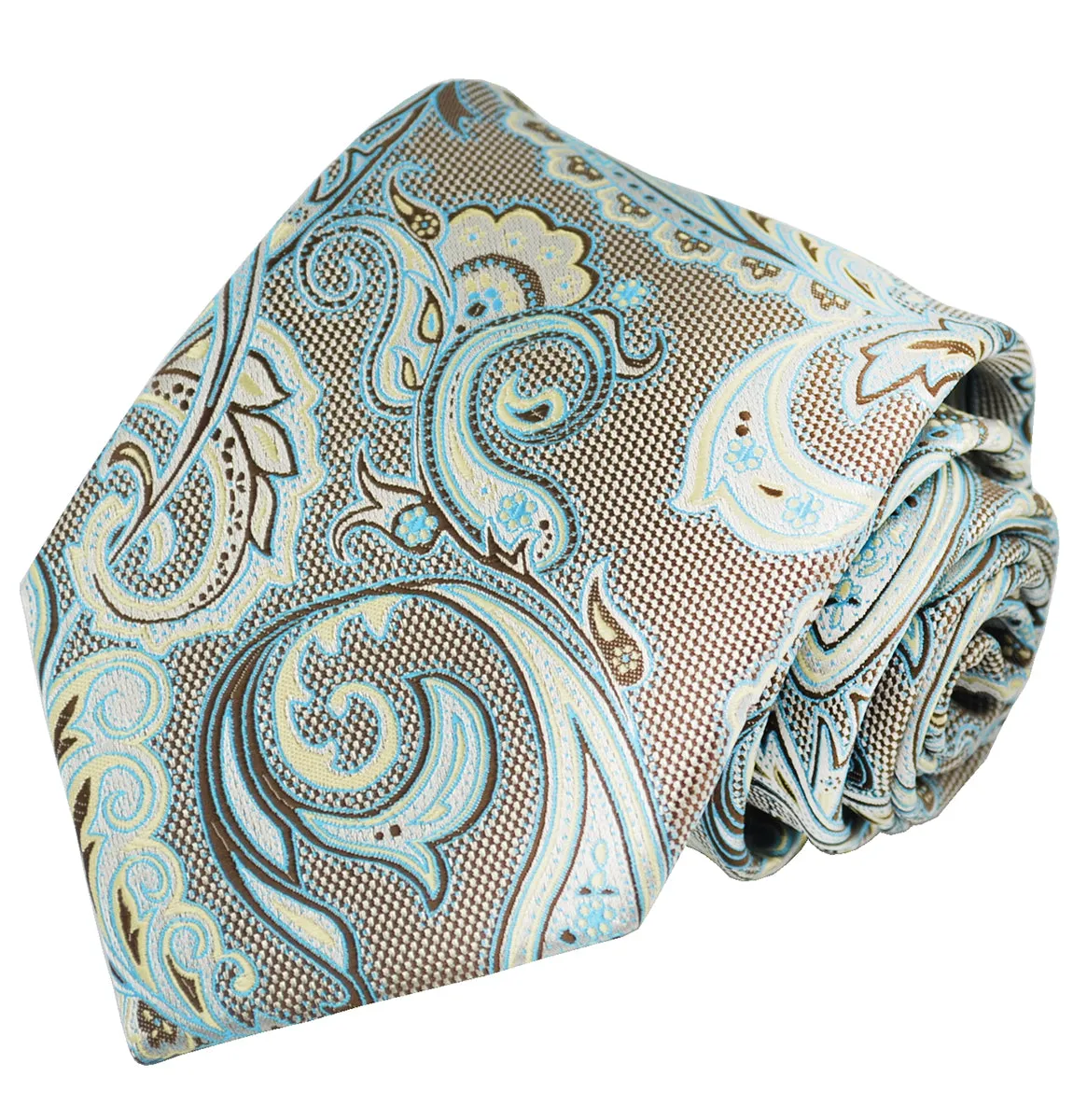 Light Angel Blue and Brown Paisley 7-fold Silk Tie Set