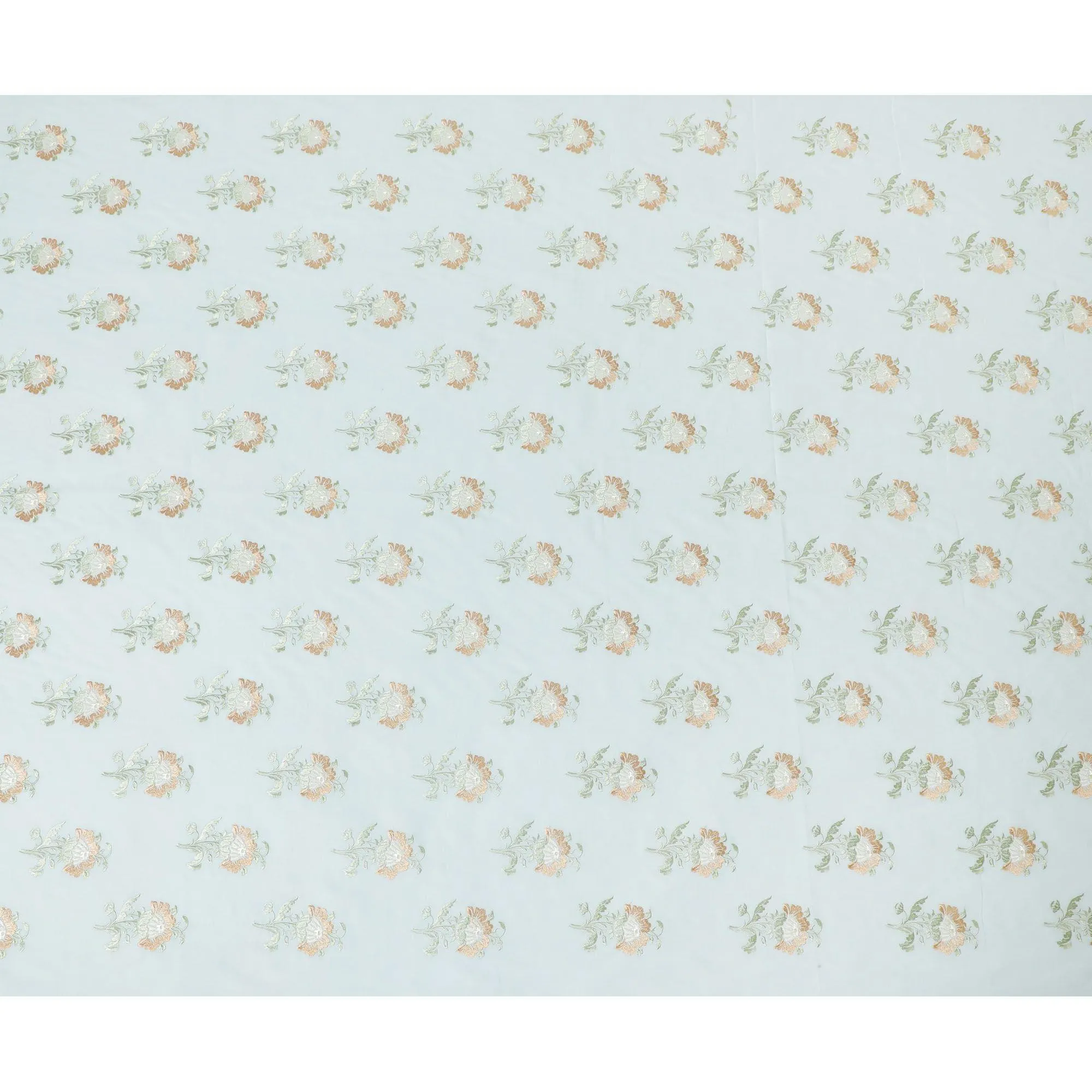 Light Turquiose blue cotton voile fabric with gold and green embroidery in floral design-11247