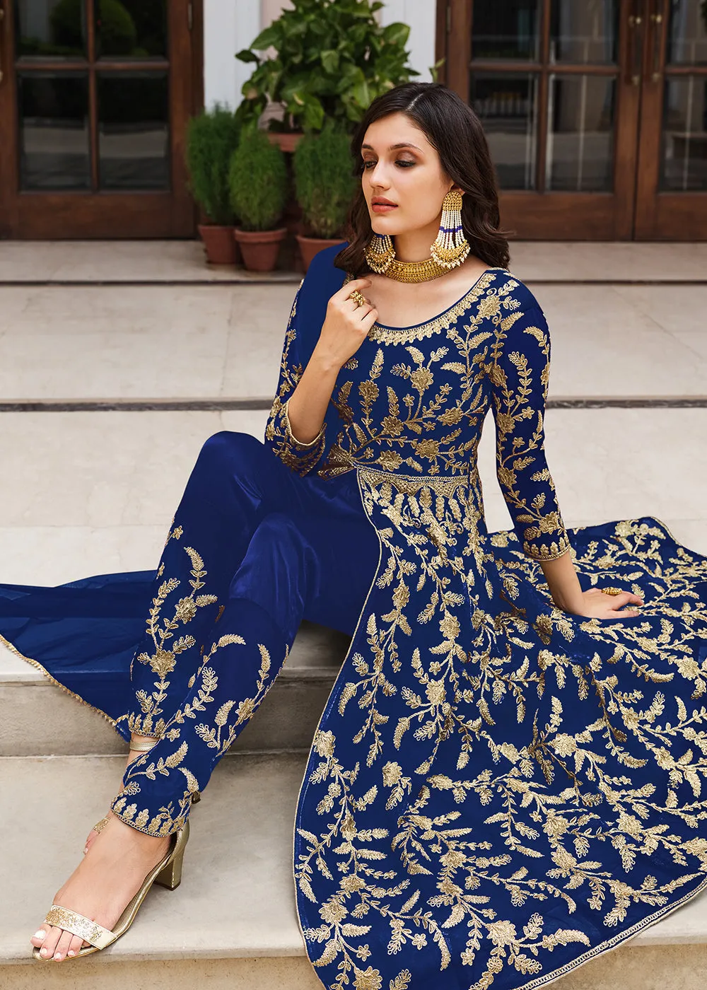 Lovely Navy Blue Designer Front Slit Anarkali Dress