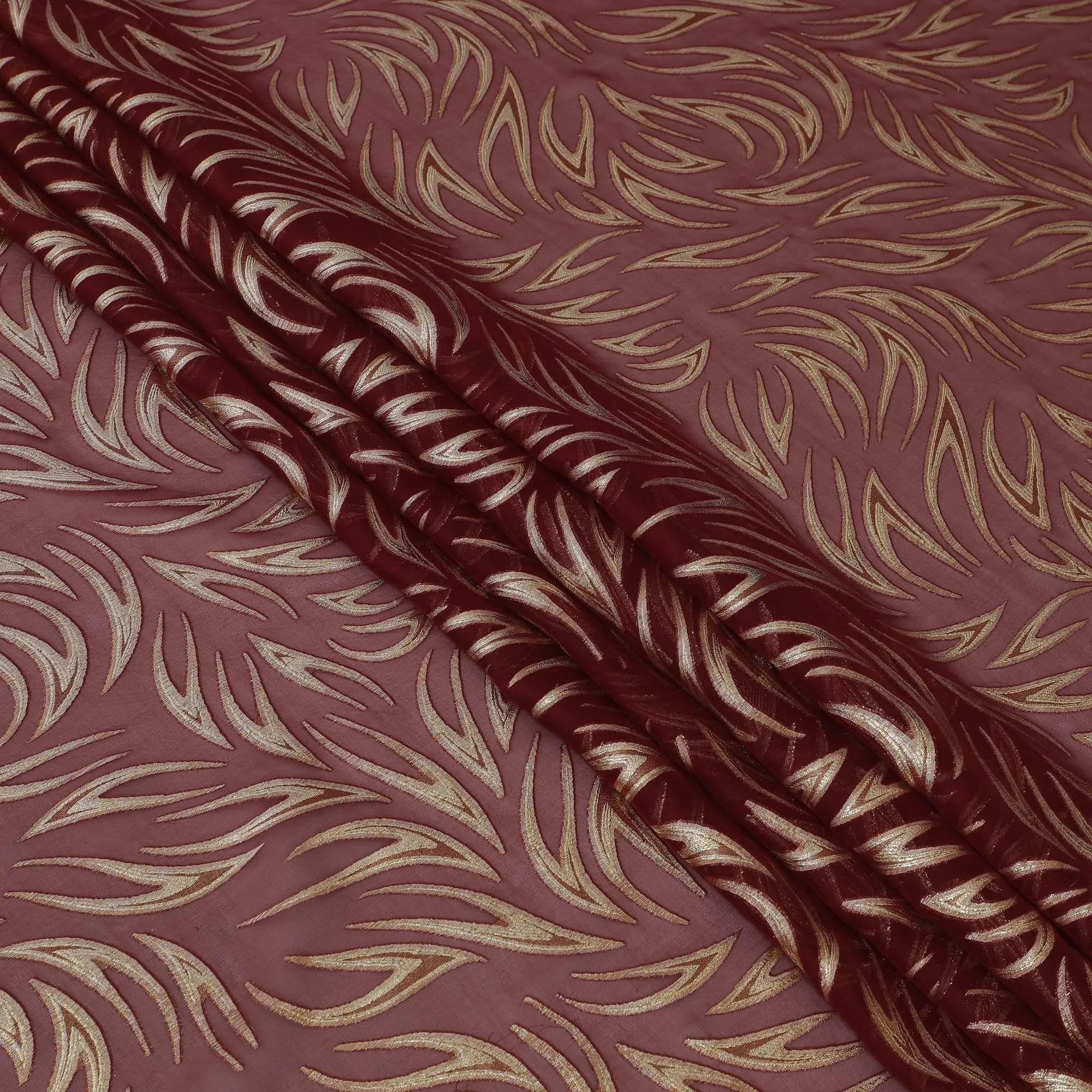 Maroon Premium pure silk chiffon fabric with gold metallic lurex in fancy design-D13273