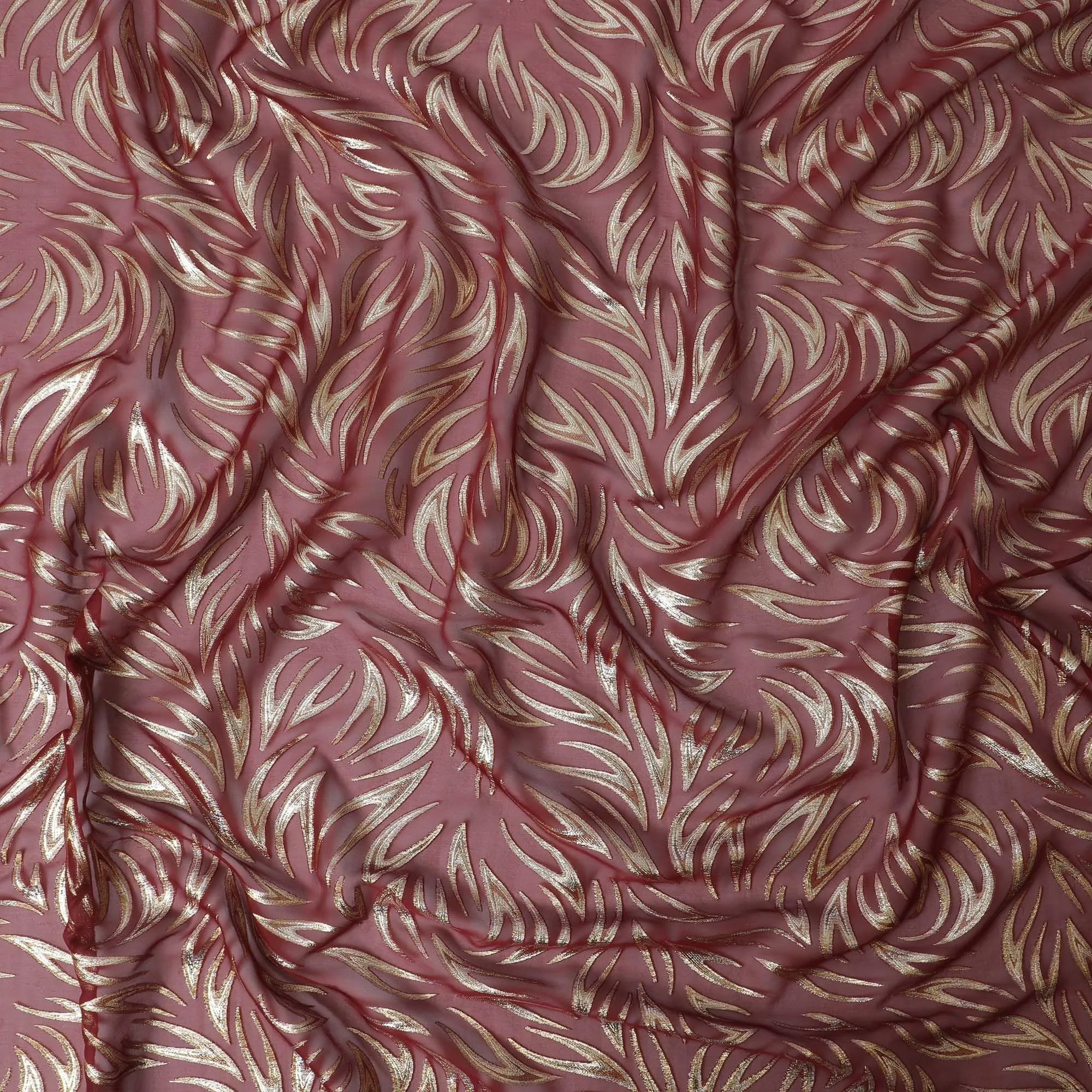 Maroon Premium pure silk chiffon fabric with gold metallic lurex in fancy design-D13273