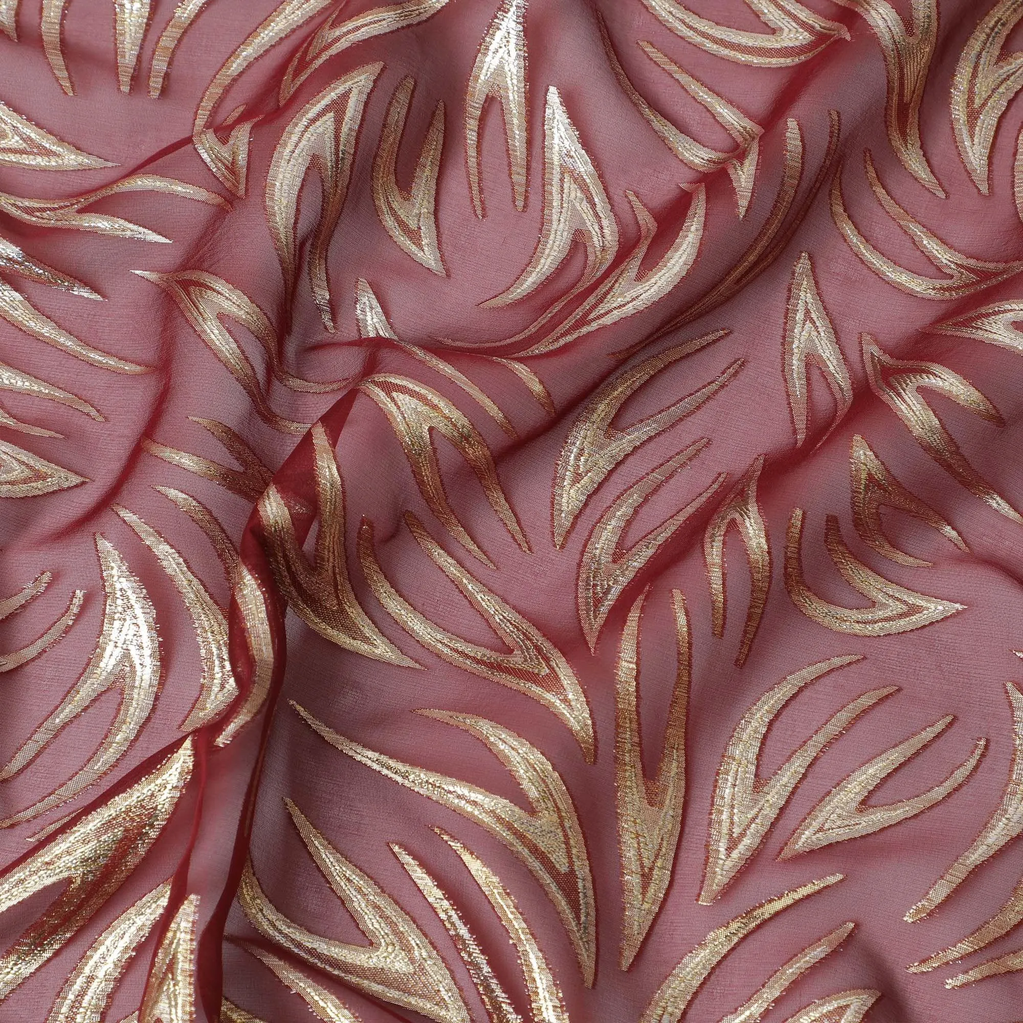 Maroon Premium pure silk chiffon fabric with gold metallic lurex in fancy design-D13273