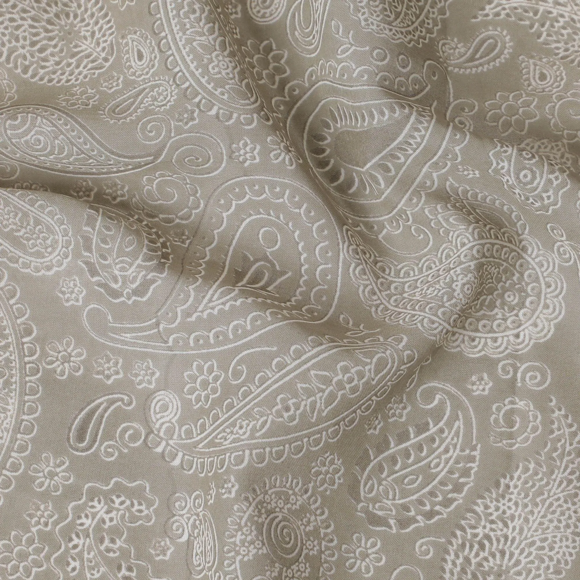 Mink grey cotton voile fabric with off white print in paisley design-D16416