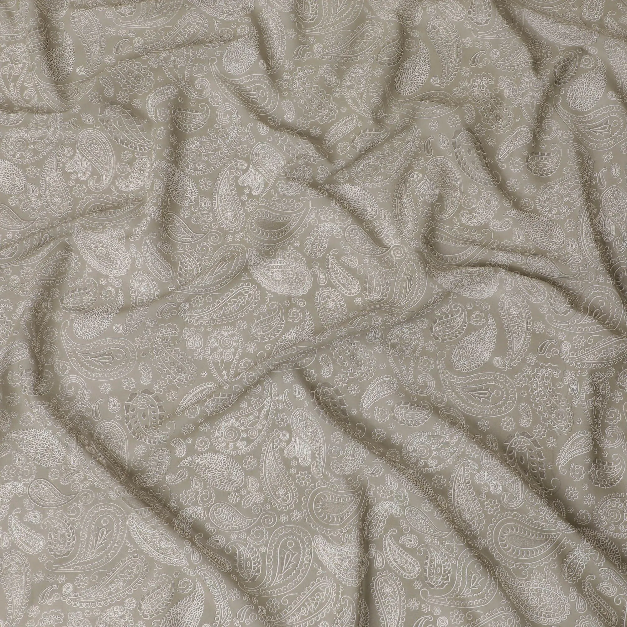 Mink grey cotton voile fabric with off white print in paisley design-D16416