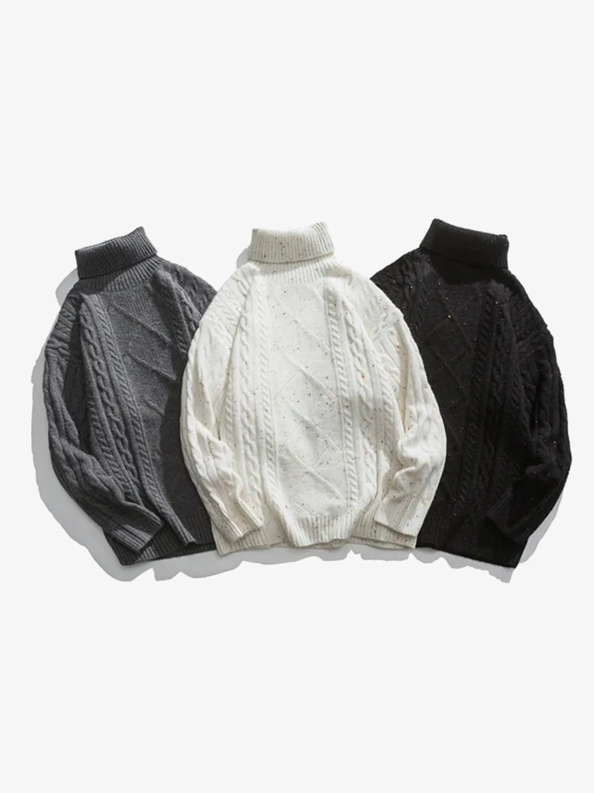 Mixed Color Cable Knit Turtleneck Sweater