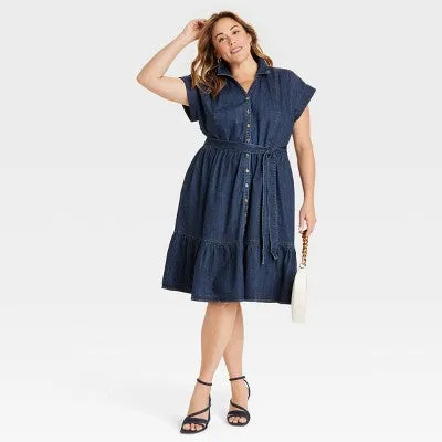 New - Women's Short Sleeve Denim Tiered Midi A-Line Dress - Ava & Viv Dark Wash XXL