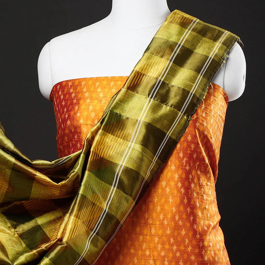 Orange - 2pc Pochampally Ikat Weave Handloom Pure Raw Mulberry Silk Suit Material Set