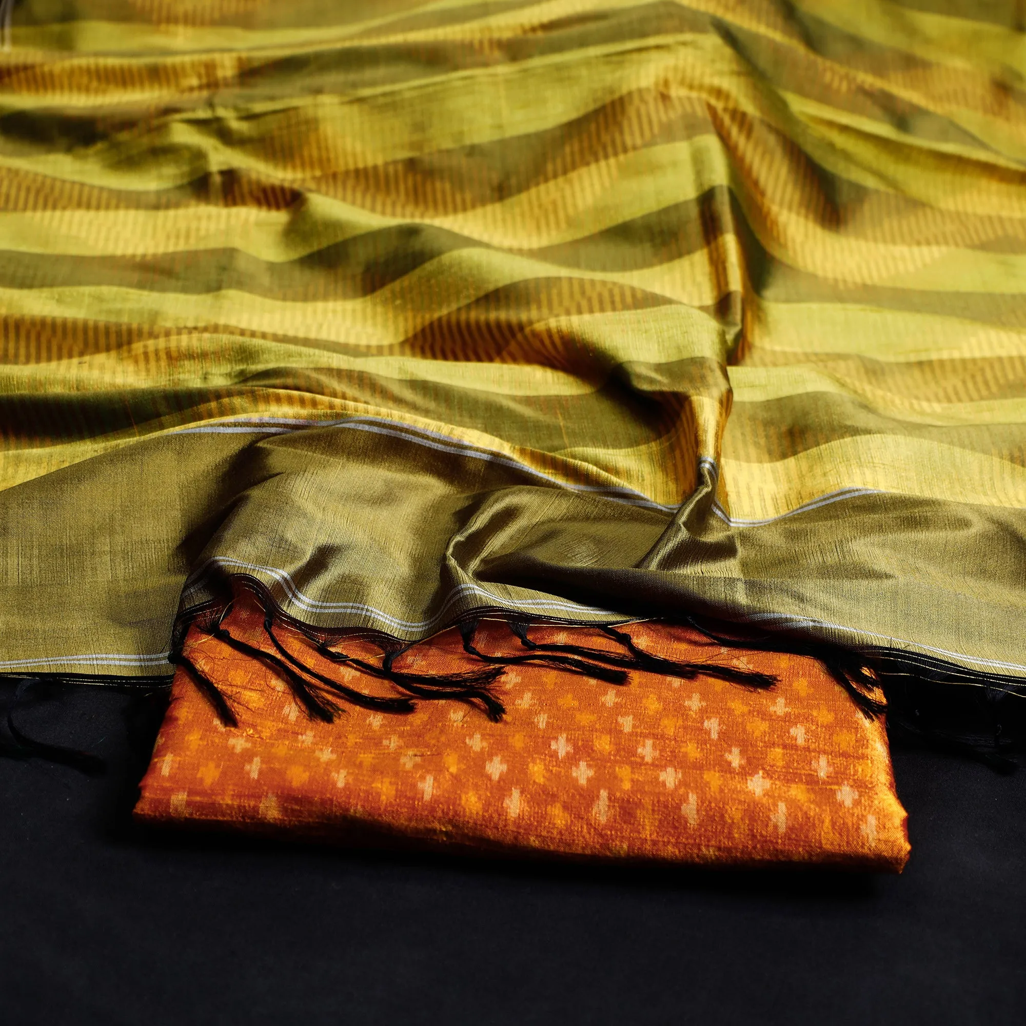 Orange - 2pc Pochampally Ikat Weave Handloom Pure Raw Mulberry Silk Suit Material Set