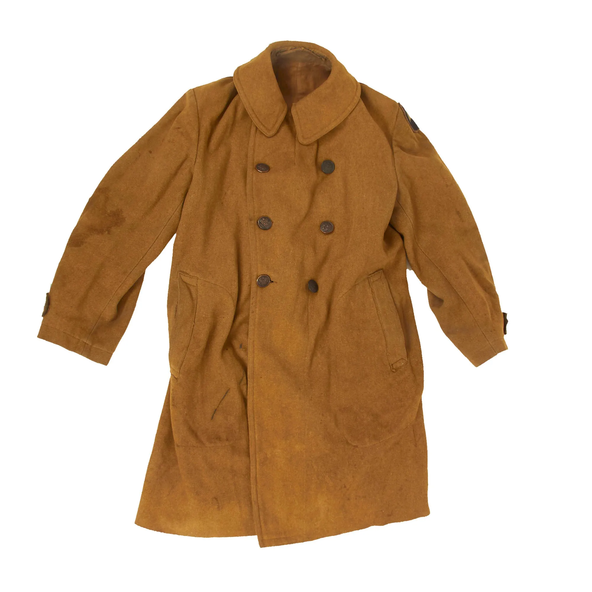 Original U.S. WWI Segregated 93rd Infantry Division Wool Greatcoat With Rare French Chain Stitched Shoulder Sleeve Insignia