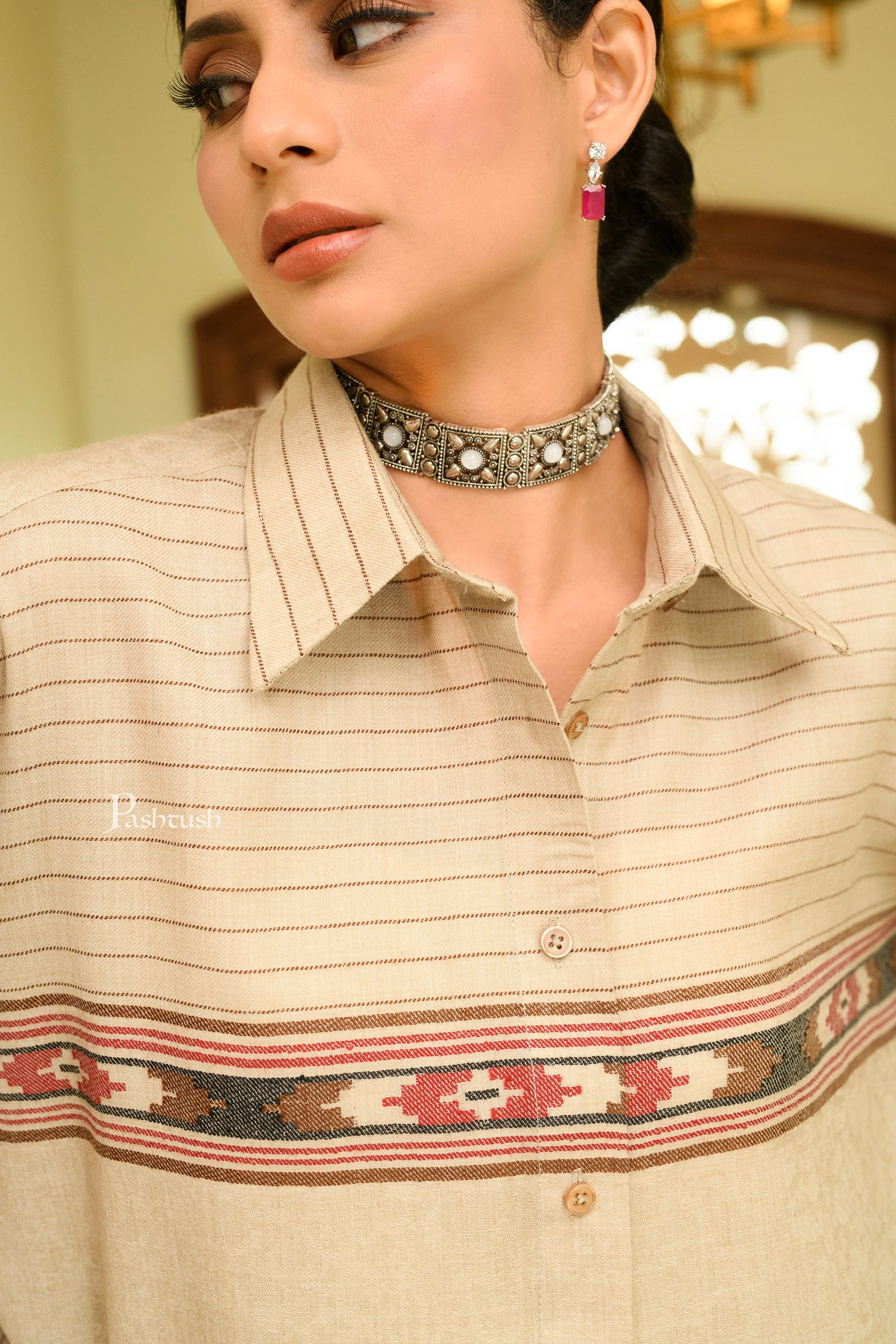 Pashtush Womens Oversized Casual Woollen Shirt, Beige