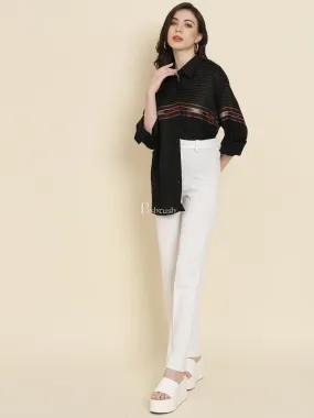 Pashtush Womens Oversized Casual Woollen Shirt, Black