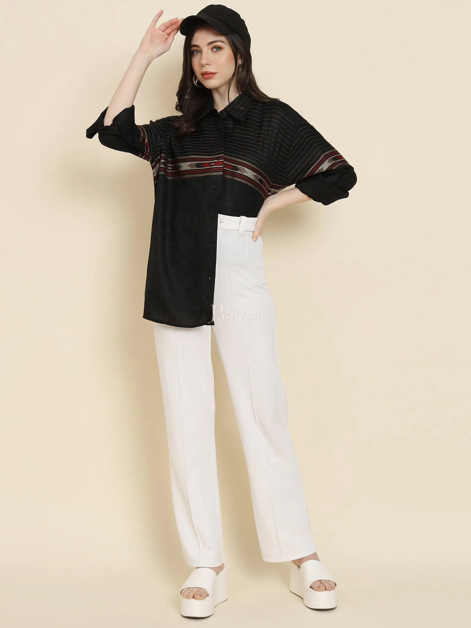 Pashtush Womens Oversized Casual Woollen Shirt, Black