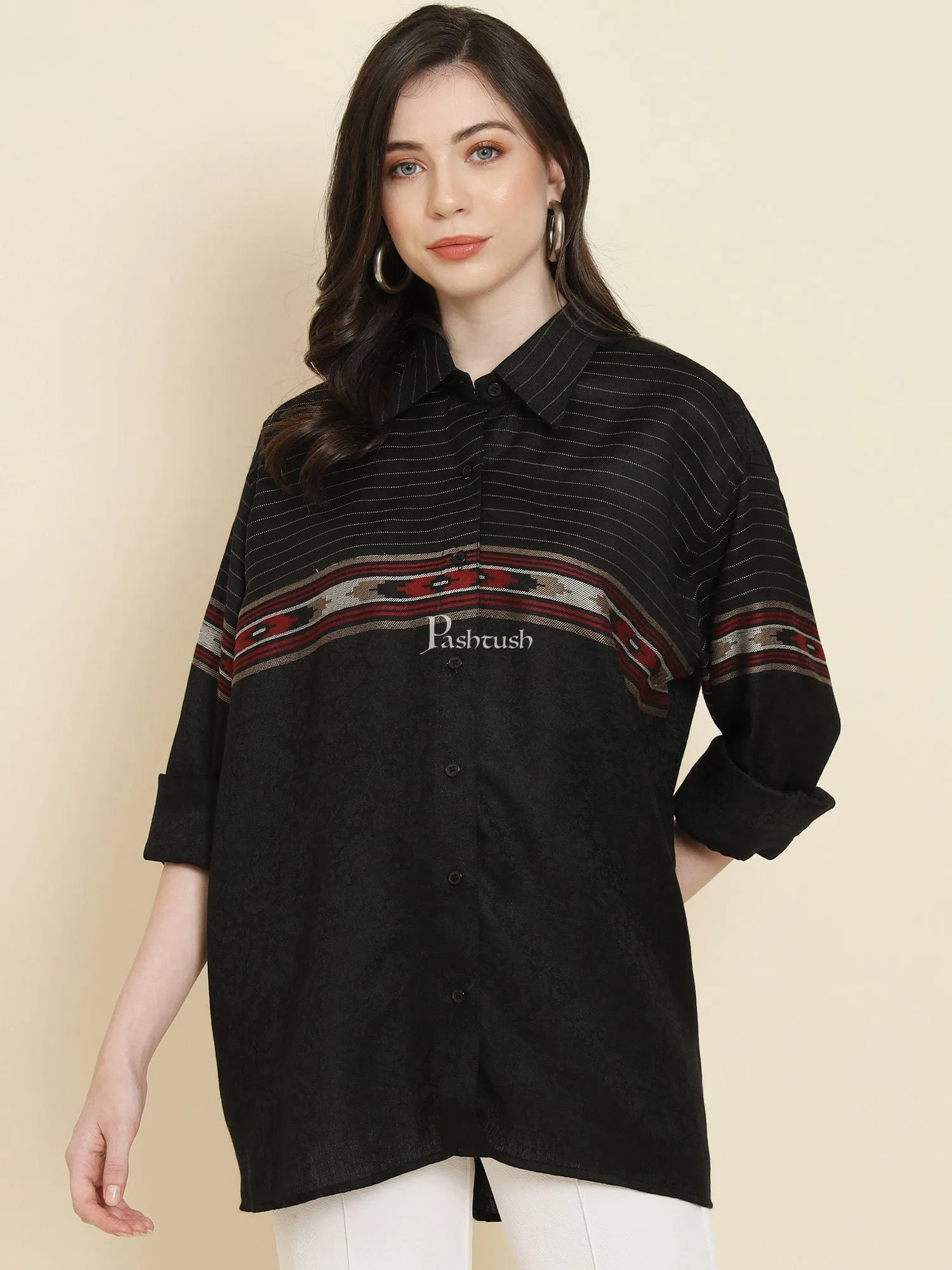 Pashtush Womens Oversized Casual Woollen Shirt, Black