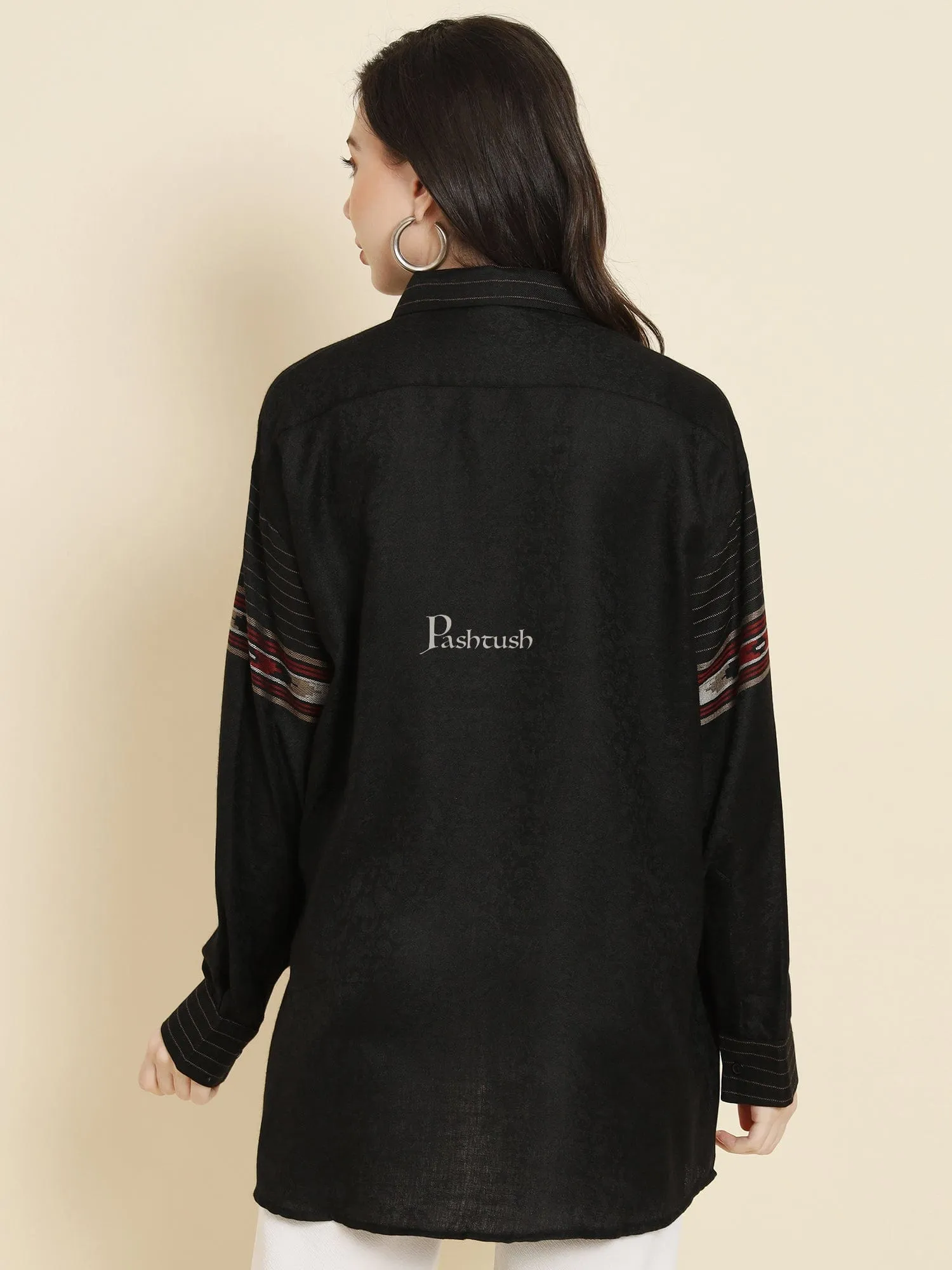 Pashtush Womens Oversized Casual Woollen Shirt, Black
