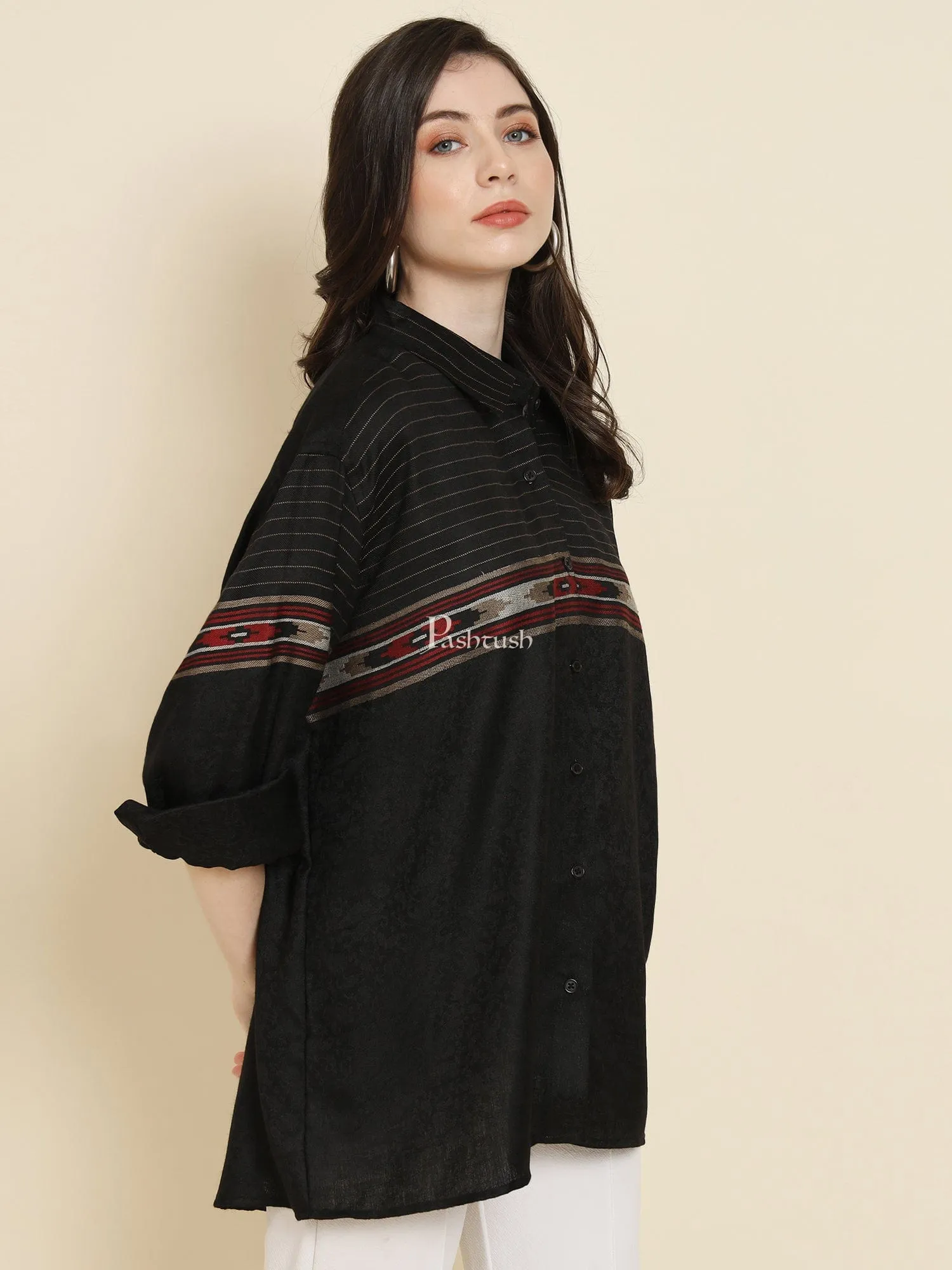 Pashtush Womens Oversized Casual Woollen Shirt, Black