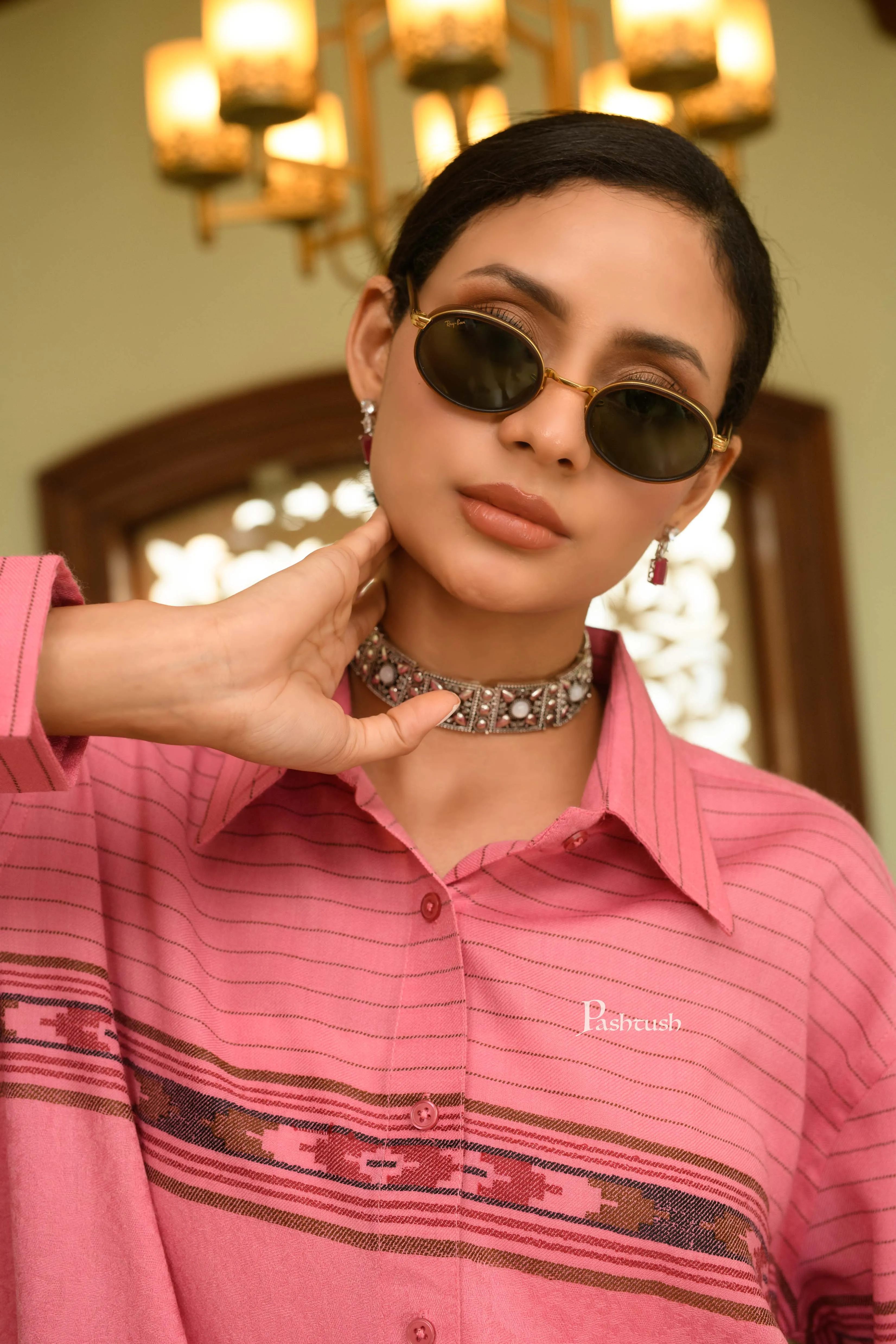 Pashtush Womens Oversized Casual Woollen Shirt, Blush Pink
