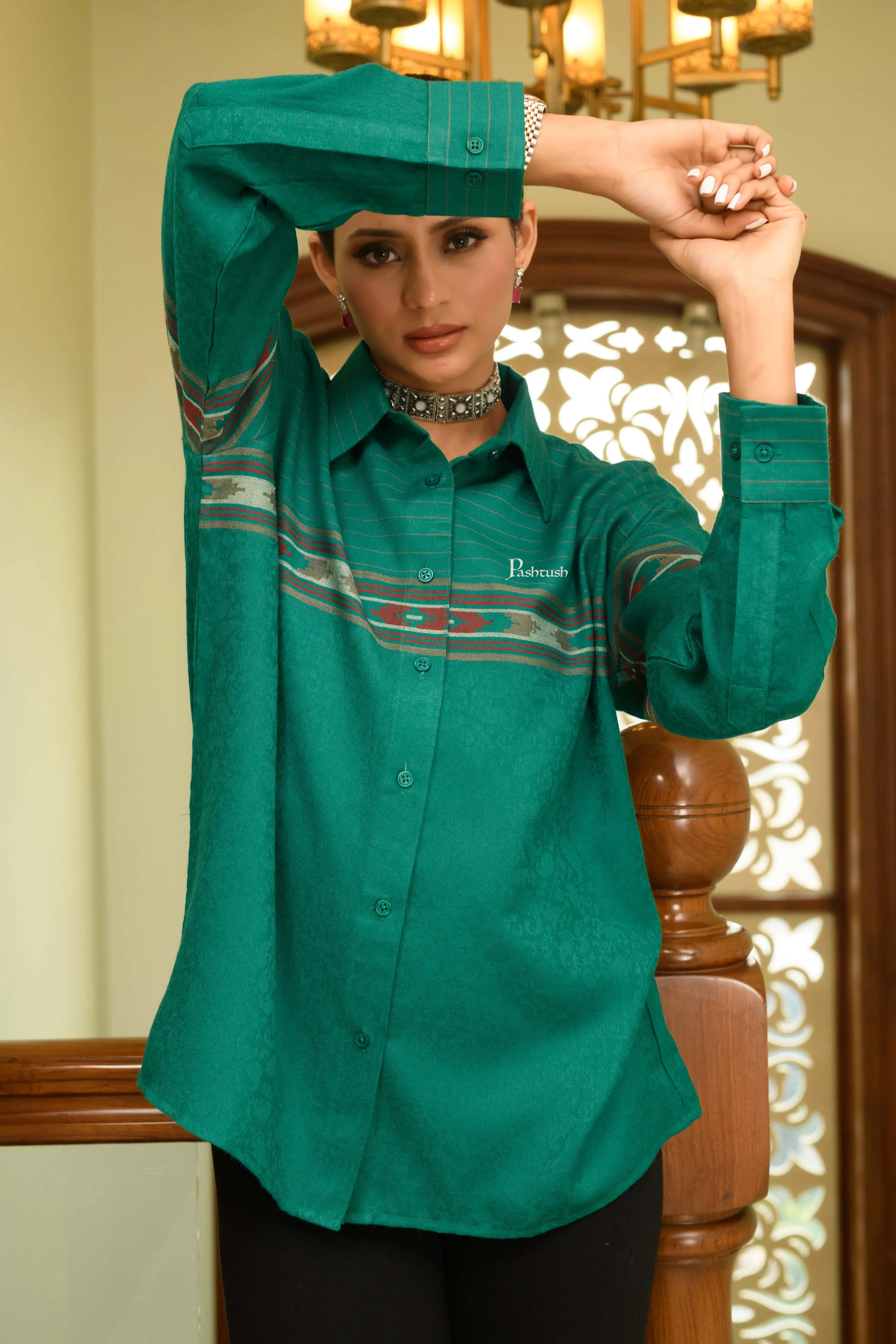 Pashtush Womens Oversized Casual Woollen Shirt, Bottle Green