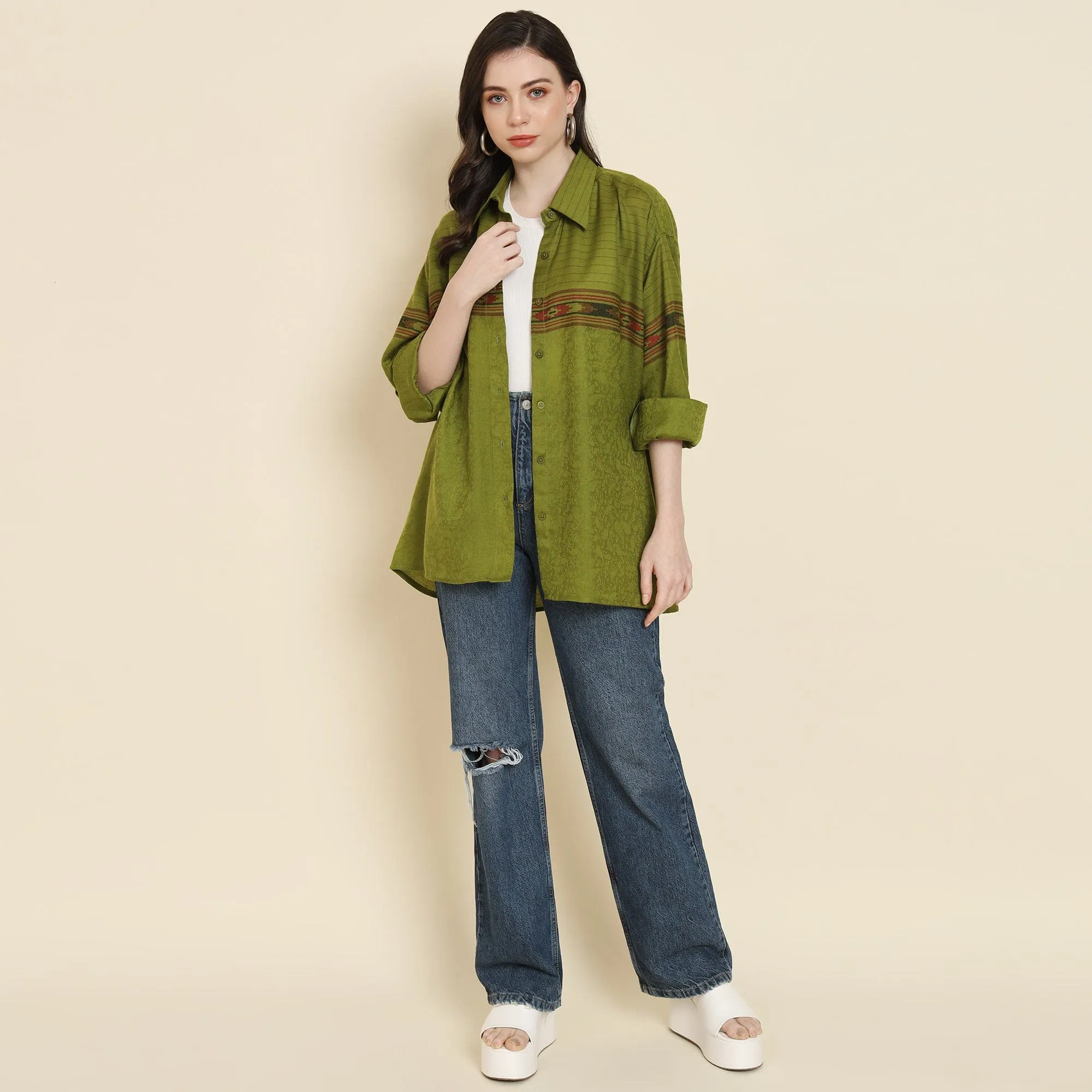 Pashtush Womens Oversized Casual Woollen Shirt, Emerald Green