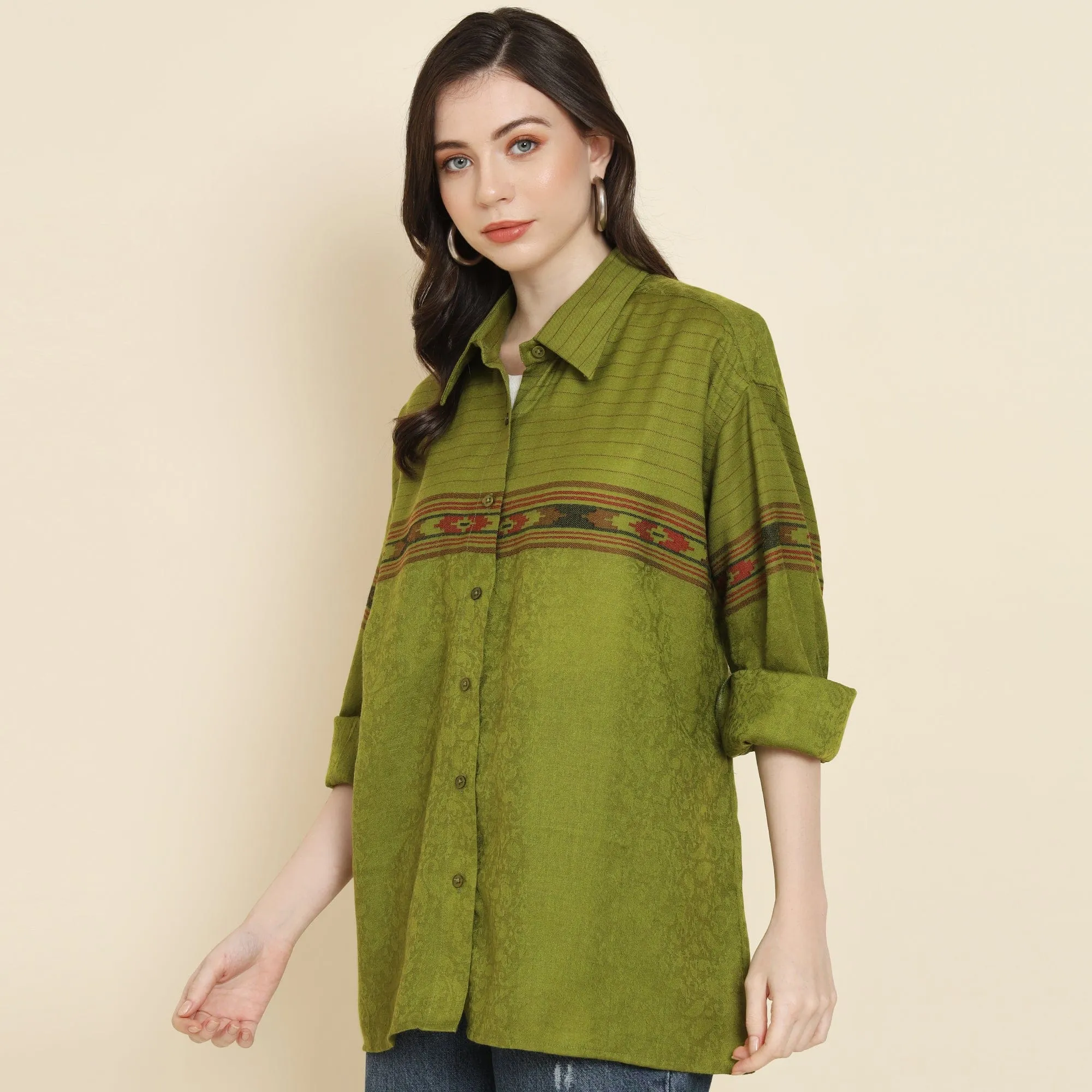 Pashtush Womens Oversized Casual Woollen Shirt, Emerald Green