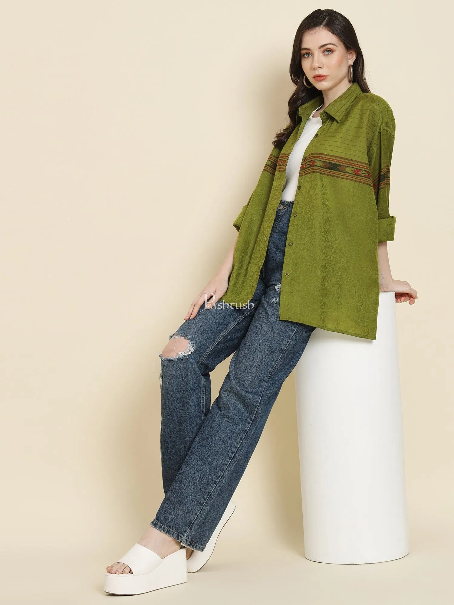 Pashtush Womens Oversized Casual Woollen Shirt, Emerald Green