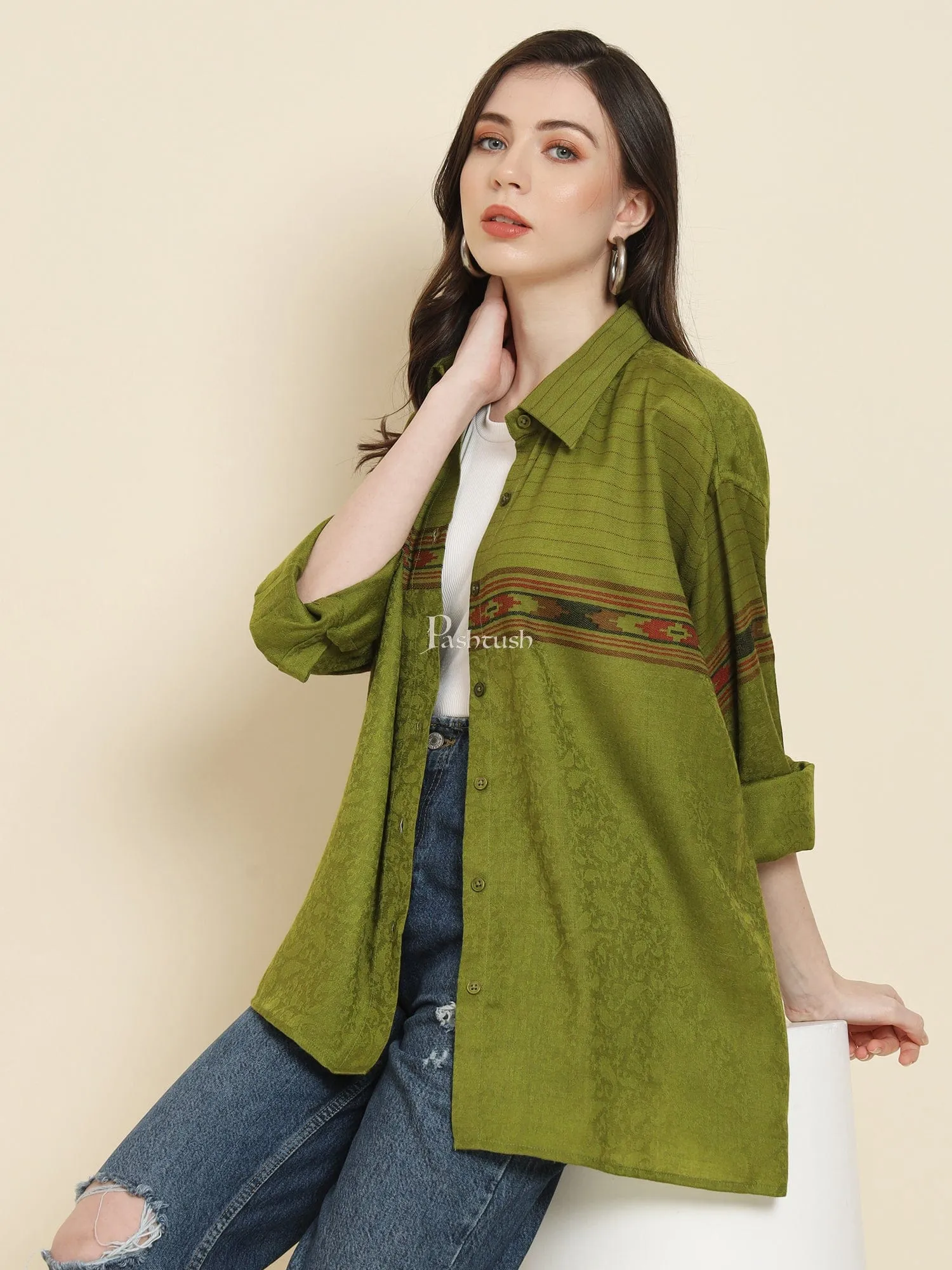 Pashtush Womens Oversized Casual Woollen Shirt, Emerald Green