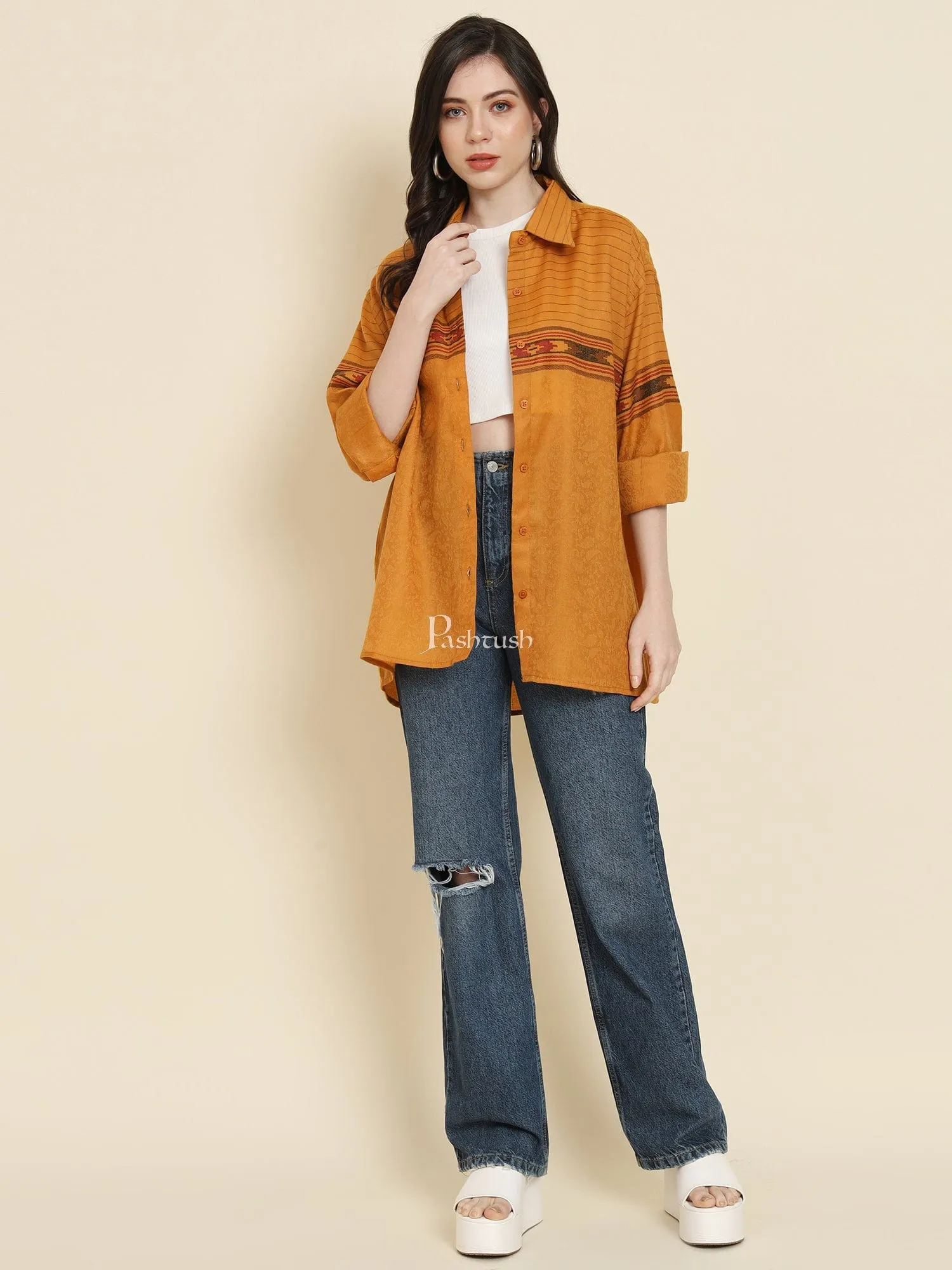 Pashtush Womens Oversized Casual Woollen Shirt, Mustard