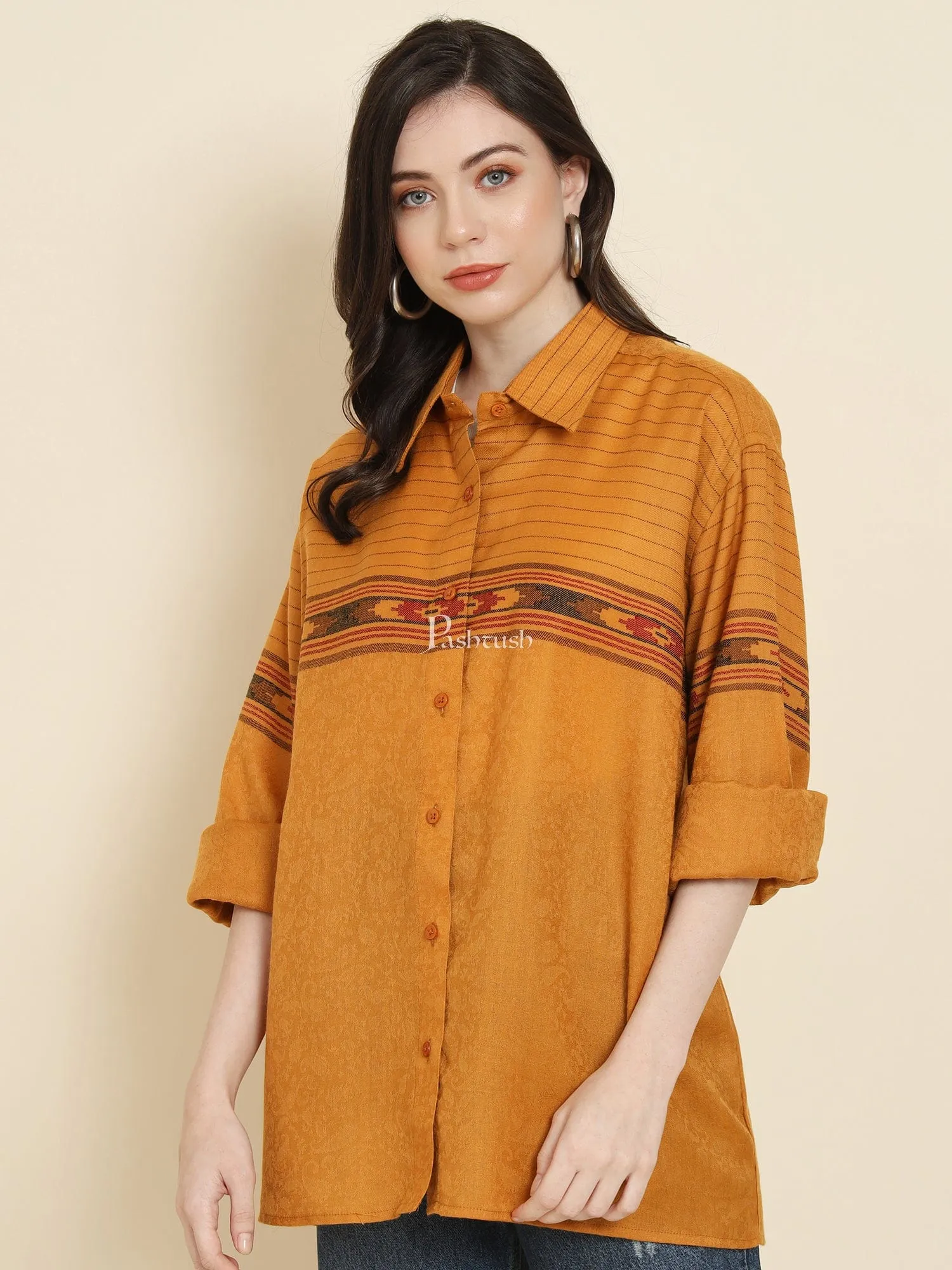 Pashtush Womens Oversized Casual Woollen Shirt, Mustard