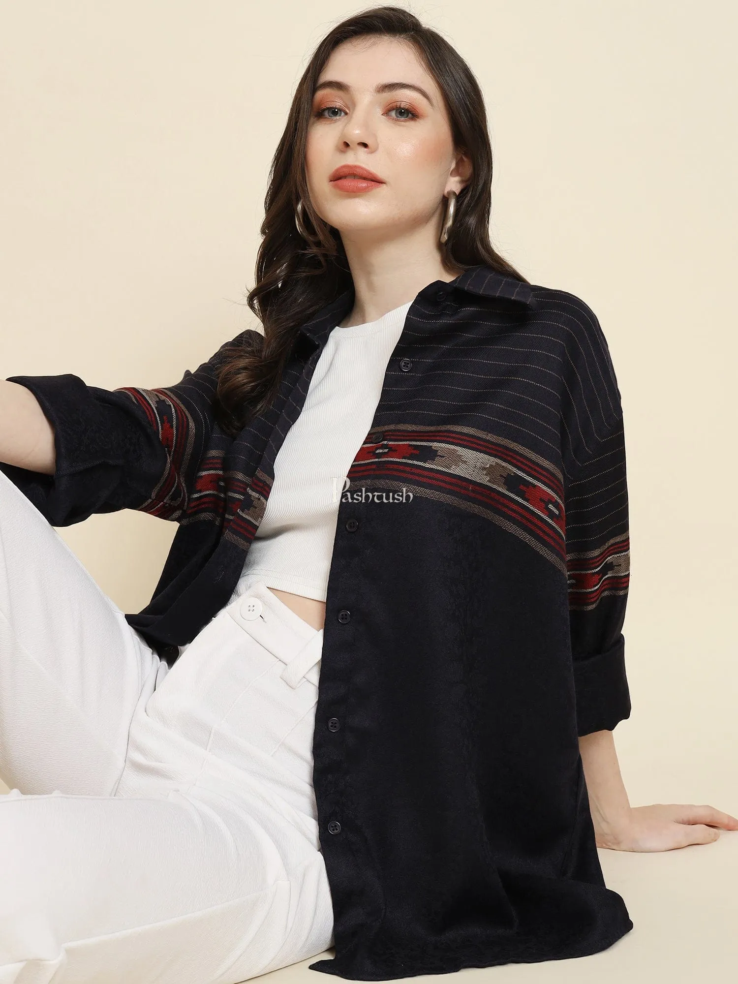 Pashtush Womens Oversized Casual Woollen Shirt, Navy Blue