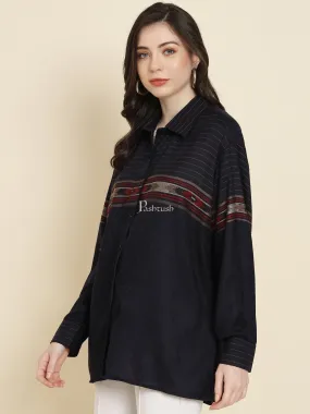 Pashtush Womens Oversized Casual Woollen Shirt, Navy Blue