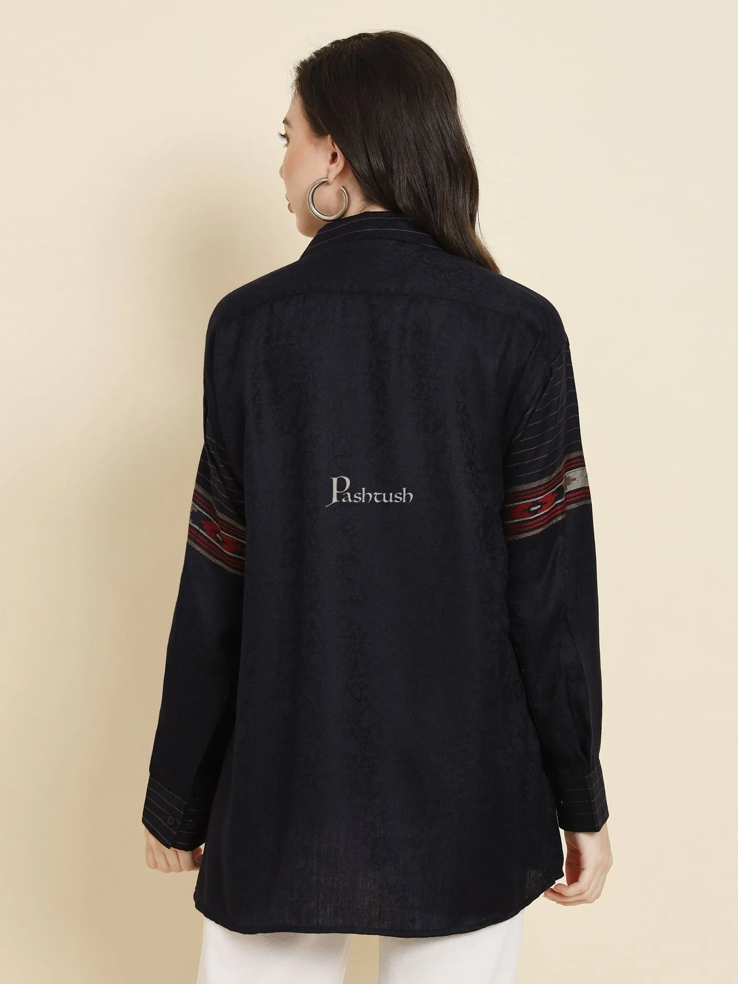 Pashtush Womens Oversized Casual Woollen Shirt, Navy Blue