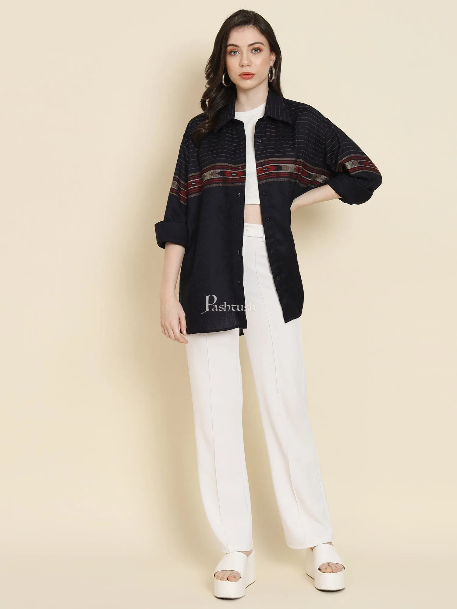 Pashtush Womens Oversized Casual Woollen Shirt, Navy Blue