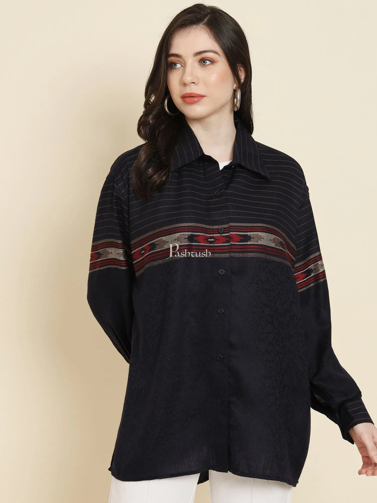 Pashtush Womens Oversized Casual Woollen Shirt, Navy Blue